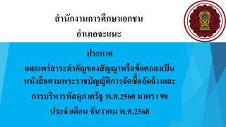 ประกาศเผยแพร่สาระสำคัญของสัญญาหรือข้อตกลงเป็นหนังสือตามพระราชบัญญัติการจัดซื้อจัดจ้างและการบริหารพัสดุภาครัฐ พ.ศ. 2560 มาตรา 98 ประจำเดือน ธันวาคม พ.ศ. 2568 สช.อ.จะแนะ