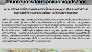 สช.อ.ศรีสาคร ลงพื้นที่ตรวจสอบความพร้อมการขออนุญาต เปลี่ยนแปลงรายการในตราสารจัดตั้งโรงเรียนศรีสวรรค์วิทยา เเละโรงเรียนศรีตืองอวิทยา